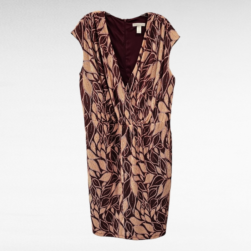 London Times Wrap Front Dress Sleeveless Navy Blue Red Leaves 16W
